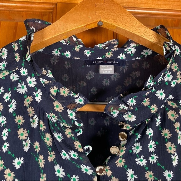 Tommy Hilfiger Navy Floral Lightweight Blouse with Ruffled Neckline and Buttons - Picture 6 of 10